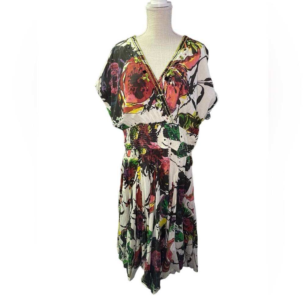 Sandy Starkman Artsy Beaded Colorful Watercolor Floral Cotton Dress 1X Vintage - Picture 4 of 15